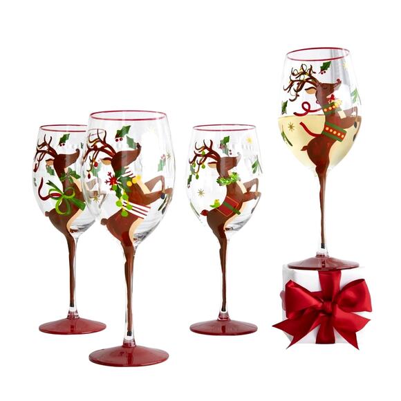 Neiman Marcus Hand-Painted Reindeer Christmas Wine Glasses Set of 4 New - Picture 8 of 16